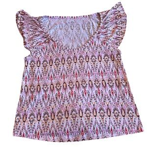 Loft Multi-Color Cotton Flutter Sleeve Top L NWT